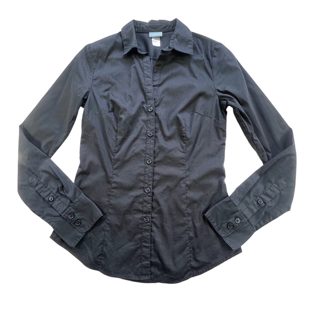H&M Black Button Down Shirt Womens 4 Long Sleeve Slim Fit Stretch Sleek Workwear